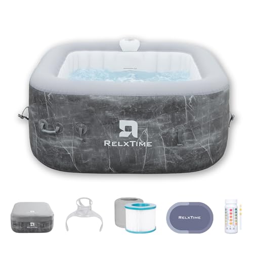 Inflatable Hot Tub 2-3 Person, Portable Blow Up Hottub with Cover, Built in Heater Pump 110 Air Jets, Square Outdoor Spa, Cup Holder, 2 Filters, Grey