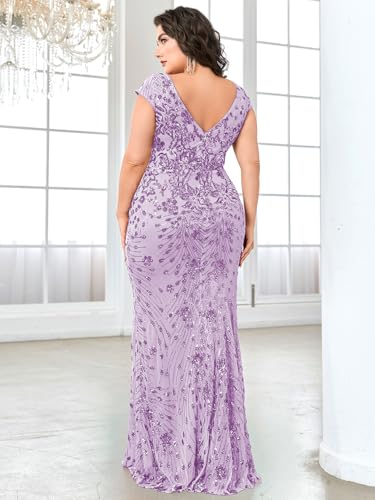 Image of Plus Size Womens Sequined Long Evening Gown Glamous Sleeveless V-Neck Mermaid Prom Dress for Wedding Party