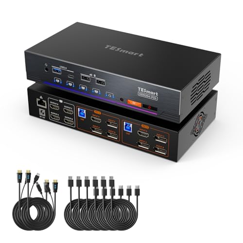 TESmart 4K@60Hz KVM Switch 4 Monitors 2 Computers USB 3.0, Quad Monitor KVM Docking Station, DP+HDMI KVM Switch with EDID Emulators, Gigabit Network, Hotkey Switch, Audio & Mic with All Input Cables