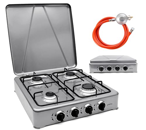 HOMELUX 6,2 KW Gaskocher für Gasflasche, 4 Flammig Campingkocher mit 150cm Gasschlauch, Kochfeld Kocher mit Deckel Herd Gas Outdoor (Grau)