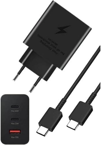 65W PD Power Adapter Trio – Super Fast Wall Charger (2× USB-C + 1× USB-A) - with USB-C Cable (Black)