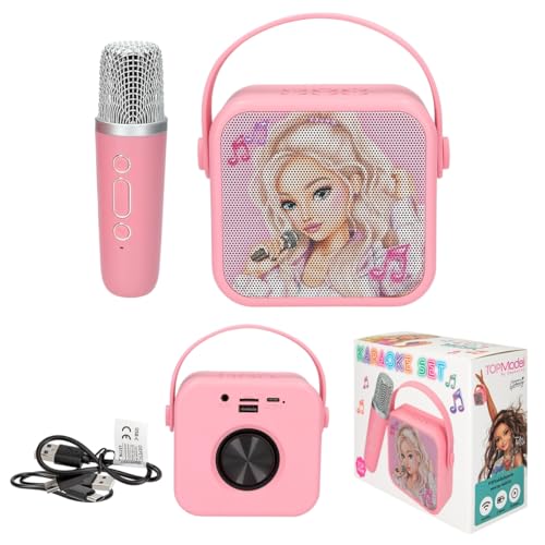 Depesche 13778 TOPModel - Kit karaoké Rose, avec Motif de Mannequin et poignée de Transport, Enceinte Bluetooth avec changeur de Voix, 1 Micro et câble de Recharge USB-C