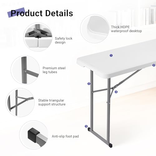 Byliable Folding Table 6FT Narrow Portable Foldable Plastic Heavy Duty Long Table, Fold-in-Half with Carrying Handle for Indoor Outdoor Meeting, Buffet, Party, Wedding, Home Work, 6 Foot, White