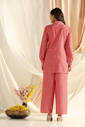 Image of DHRUVI TRENDZ Co Ord Set for Women Stylish | Ethnic Cotton Casual Cord Set | Stylish Summer Kurta & Pant Set | Casual Daily Outfit Night Suit for Women | Full Sleeve Top with Relaxed Fit Trousers
