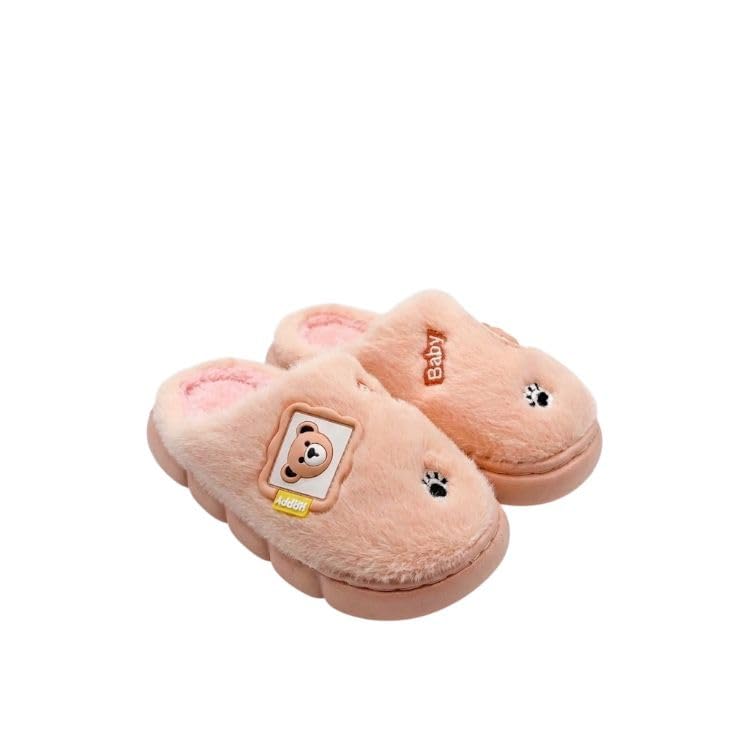 EAZYLAYERS Anti-Slip Kids WInter Slippers Cozy Bear Cub Faux Fur Lining, Easy Slip-On, Non-Slip Rubber Sole – Cozy Warm House Shoes for Boys & Girls (Peach, 36-37)