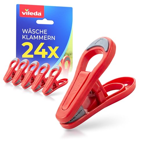 Vileda Wäscheklammern 24er Set ohne Metallfeder Robuste Kunststoff Klammern mit Soft Grip für sicheren Halt Wetterfeste Wäscheklammern für Wäscheleine Balkon und Garten