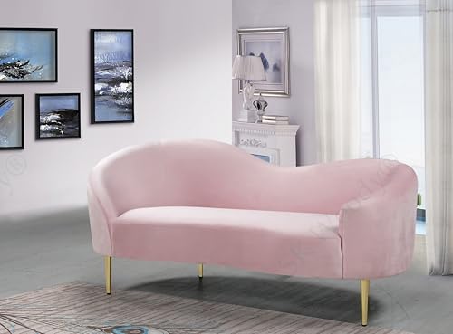 Image of Rosewood Luxury Curved Sofa in Premium Velvet-Fabric | Solid Wood Structure | High Density Foam | Sturdy Golden Legs | Comfortable & Stylish Couch for Modern Living Room (Pink, 2 Seater)