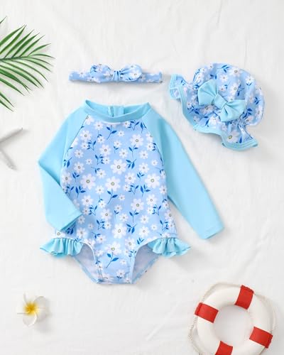 Image of SODLON Baby Girl Swimsuit Long Sleeve One-Piece Infant Bathing Suit 3M-3T