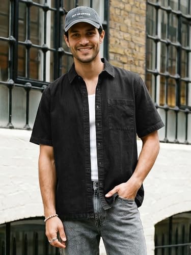 Image of Urbano Fashion Men's Oversized Fit Half Sleeve Washed Casual Denim Shirt