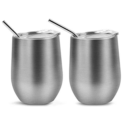 Copa de Vino de Acero Inoxidable 2 Juegos, Taza de Café con Tapa 12oz, Taza Termo de Doble Capa, Taza de Viaje Aislada Reutilizable, para Vino, café, Jugo, Cerveza, champán, cócteles Cover