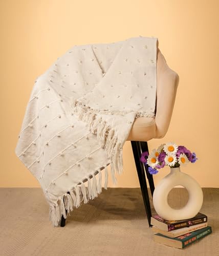 Image of AJAVAT Home Hand-Knitted Pure Cotton Throw Blanket, 80 x 52 in (204 x 132 cm), Large All-Season Sofa, Bed & Chair Throw with Tassels, Beige, Pack of 1