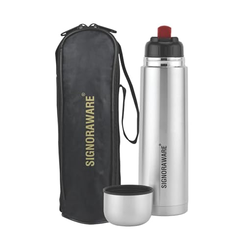 Image of SignoraWare Bullet Stainless Steel Vaccum Insulated ISI Certified Cola Bottle with Protective Cover | Airtight & Leakproof | Hot & Cold for Hours | Durable Flask for Outdoor Use (1Ltr | Steel)