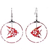 Boucles d'oreilles poissons créoles (Petites fleurs blanches et dorées sur fond rouge)