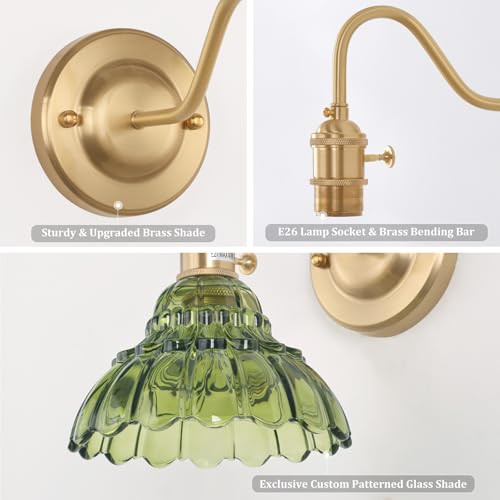 Image of Shenmoyl Battery Operated Wall Sconce Set of 2, Vintage Rechargeable Wall Lights with Green Lily Glass Shade, Wireless Indoor Wall Lamp with Remote for Bedroom Living Room Bathroom