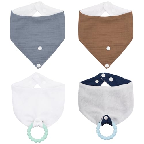 4-Pack Baby Drool Bibs + 2 Teething Set, 100% Organic Cotton, Food-Grade Silicone, for 0-24 Months Infants