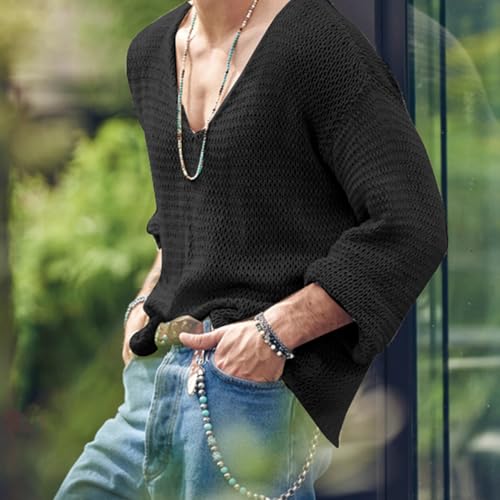 Mens V-Neck Knit Sweater Long Sleeve Solid V-Neck Pullovers Casual Jumpers Tops Fall Streetwear3