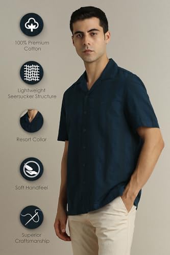 Image of Peter England Men's Casual Half Sleeve Resort Collar Shirt in 100% Cotton Seersucker with Striped Design