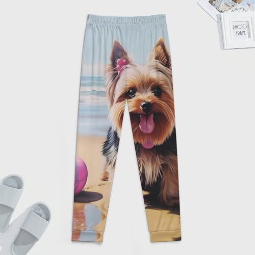 Yorkshire Terrier Dog in Beach Men's Pajama Pants Soft Lounge Pant Sleep Pj Bottoms for Men Elastic Waist4