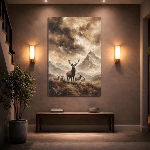 Impression toile cerf sépia lavis aquarelle paysage brun 40x60