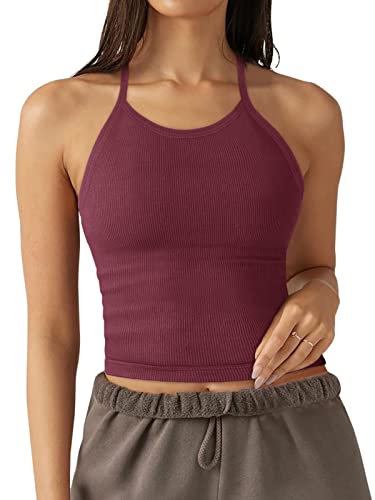 LASLULU Womens Sports Bra Seamless Long Crop Tank Racer Back Spaghetti Strap Workout Yoga Padded Bra Halter Neck Casual Tops