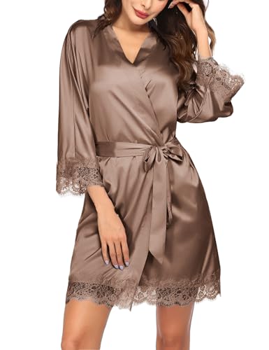Image of Ekouaer Womens Silk Robes Short Lace Trim Satin Bride Bathrobe with Pockets