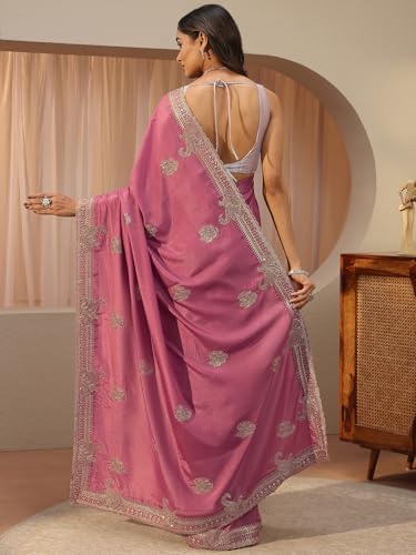 Image of Libas Embroidered Satin Saree for Women With Unstitched Blouse Piece | Traditional Saree for Party & Wedding