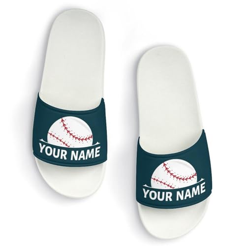 Custom Sports Slides Personalized Slippers - Baseball Sandals Quick Drying Softball Slippers Indoor Outdoor,Gifts for Men Youth Boy (White,Style 47)