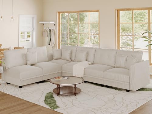 Image of LLappuil Corduroy Modular Sofa Set, 6-Seater Reversible L-Shaped Sectional Couch with Storage, Soft Fabric for Cozy Living Room, Apartment, Included Back Cushions & Throw Pillows, Beige