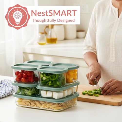 Image of Nestasia Groovo Glass Containers with Lid Set of 7 (310ml x 4, 520ml x 2, 1200ml x 1) - Transparent Stackable Fridge Storage Box, Microwave & Dishwasher Safe (Green)