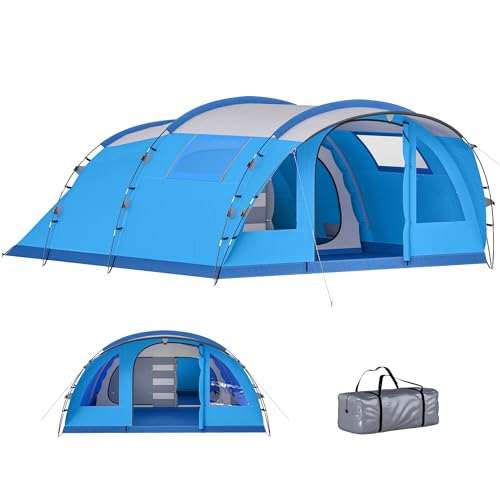 Outsunny Tienda de Campaña Familiar para 4 Personas Tienda Camping Plegable Tipo Túnel con 3 Habitaciones Puerta 4 Ventanas Porche Bolsa Impermeable 3000 mm Fácil Montaje para Pescar Senderismo Azul