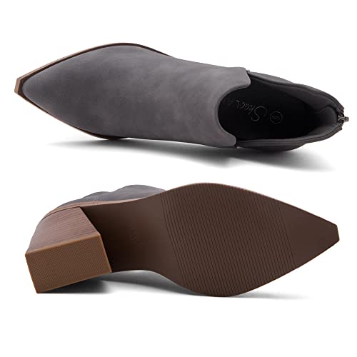 Shoe Land Mingo Women's Ankle Booties Chunky Stack Heels V Cutout Boots Pointed Toe Back Zipper Slip on Shoes4