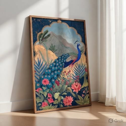 Image of Livin'luxe Peacock Nature Landscape Wall Painting with Wooden Frame | Elegant Bird Art HD UV Laminated MDF Wall Decor | Botanical Peacock Artwork for Living Room Bedroom Office Home Decor