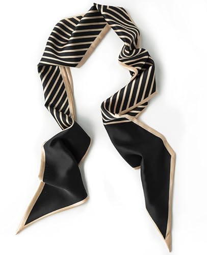 Clysoru Silk Neck Scarf Printed Scarves Head Women'S Fashion Oblique Angle Satin Scarfs For Bag Hair 59” X 5.9” (Black gold twill)