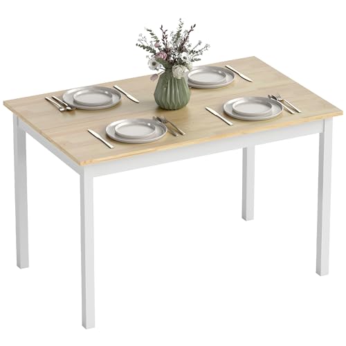 HOMCOM Table à Manger, Table de Cuisine 4 Personnes, Design Vintage, Structure en Bois Massif, 120 cm, Naturel et Blanc