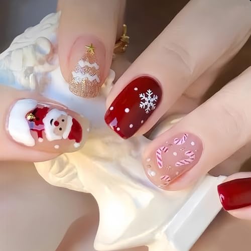 24PCS Christmas Press On Nails – Short Square Red & Nude False Nails with Snowflakes, Santa, Tree & Candy Cane Design – Reusable Acrylic Stick On with Jelly Glue for Winter Holiday Party