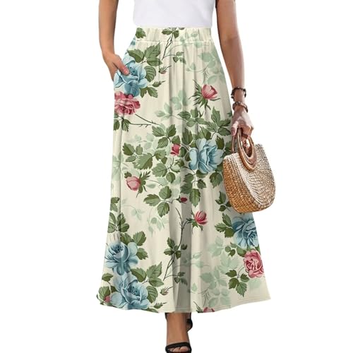 Womens High Waist A-Line Flared Maxi Skirts Elastic Long Skirt with Pockets Going Out Beach Outfits S-2XL