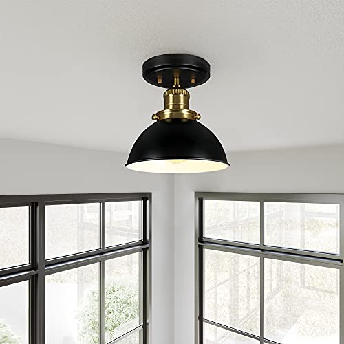 Image of Design House Savannah Rustic Farmhouse Ceiling Light, Semi-Flush Mount, Dimmable, Satin Gold, Matte Black Metal Shade, 8 in x 8 in x 9 in, 588319-BGD