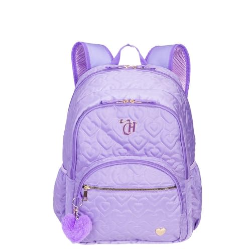 Mochila Capricho Crush Lilás, Acolchoada com Estampa de Corações, Pompom Decorativo, Metalassê, com Bolso Lateral, Reforçada