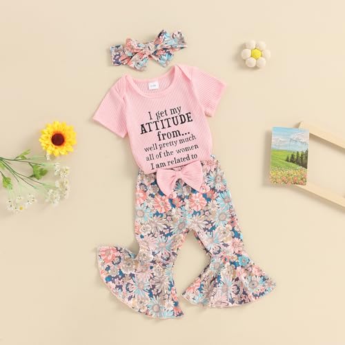 I Get My Attitude From All The Women Toddler Baby Summer Outfit Short Sleeve Romper T-shirt Bell Bottom Clothes Set2