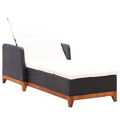 LAPOOH Sonnenliege Poly Rattan und Massivholz Akazie Schwarz,...