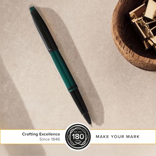 Image of Cross Calais Matte Green & Black Refillable Rollerball Pen - Medium Point, Black Ink, Smooth Writing, Presented in a Luxury Gift Box
