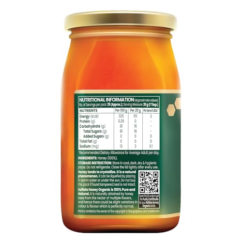 Saffola Wild Forest Organic Honey -500g -NMR Tested, 100% Pure Wild Forest Organic Honey, Brown