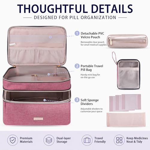 Image of Lexeeco Medicine Storage Bag Pill Bottle Organizer with Portable Small Pouch Travel Medication Bottle Organizer for Emergency Home First Aid Box Kit (Red)