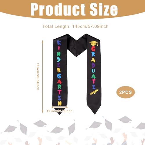 2pcs Kindergarten Graduation Stoles, 57.09 Inch Glossy Preschool Kids Sash Class of 2024 with Colorful Words2