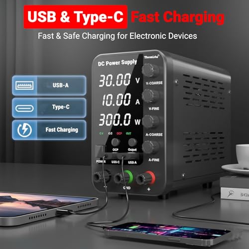 Image of Themisto TH-SPS3010S Adjustable DC Bench Power Supply 0-30V 0-10A, Regulated Switching Power Source with 5V /2A USB Output, 300W High Precision Lab Power Unit