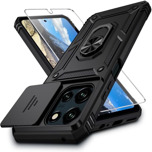 for Moto G Power 2025 Case with Camera Lens Cover, HD Screen Protector, 10 FT Military Grade Drop Protection, Magnetic Ring Holder Kickstand Phone Case for Motorola Moto G Power 2025, Black
