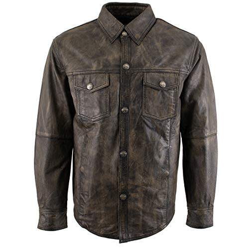 Xelement Xs942 Men's 'Nickel' Distressed Brown Leather Shirt With Vintage Buffalo Buttons - X-Large #TOP10