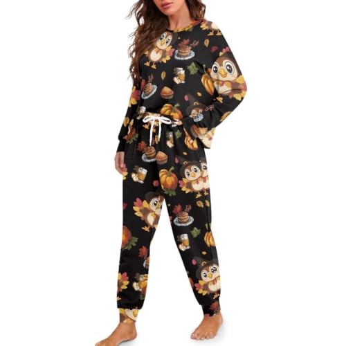 Image of Womens Lounge Set Long Sleeve Soft Pajama Sets Casual 2 Piece Pj Outfit Crewneck Sleepwear with Pockets Plus Size