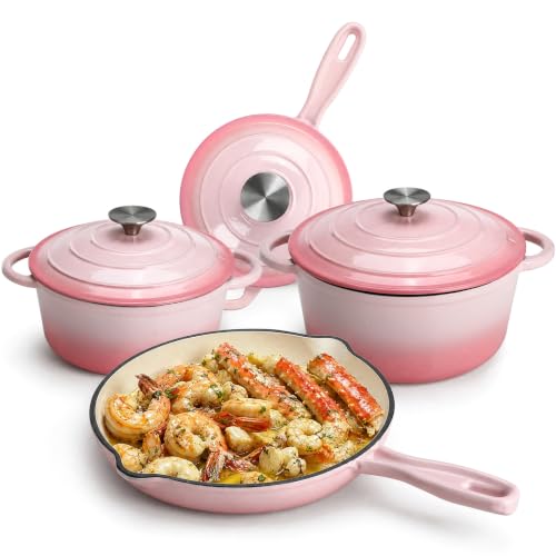 Image of LIFERUN 7Pcs Enameled Cast Iron Cookware Set, Cast Iron Pots and Pans Set