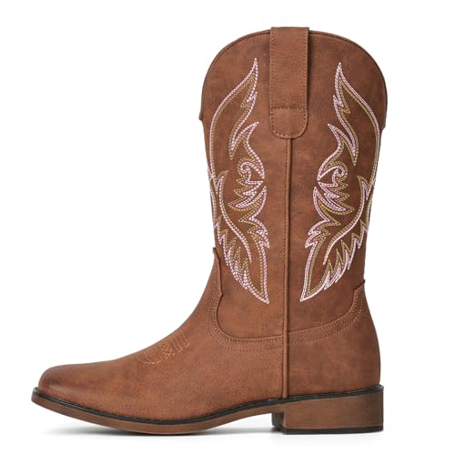 Image of IUV Cowboy Boots For Women Square Toe Western Boots Mid Calf Cowgirl Boot Pull On Embroidered Brown Boot
